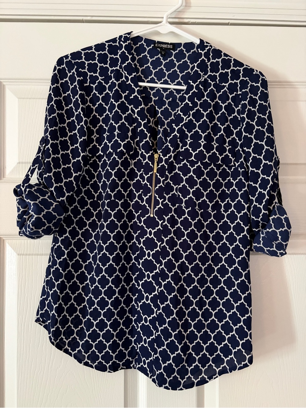 Express Navy and White Geometric Zip-Front Blouse